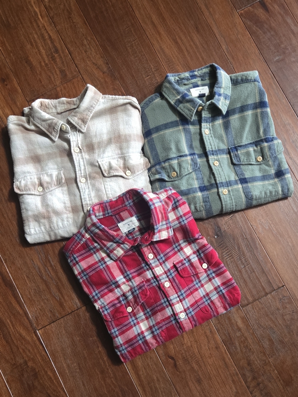Men's American Eagle Large Plaid Button-Down Shirt Lot (3) Red Green & Cream